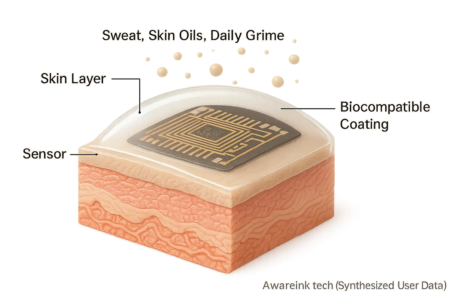 Cross-section: Smart tattoo layers with biosensor on skin, encapsulated by a protective biocompatible coating for safety.