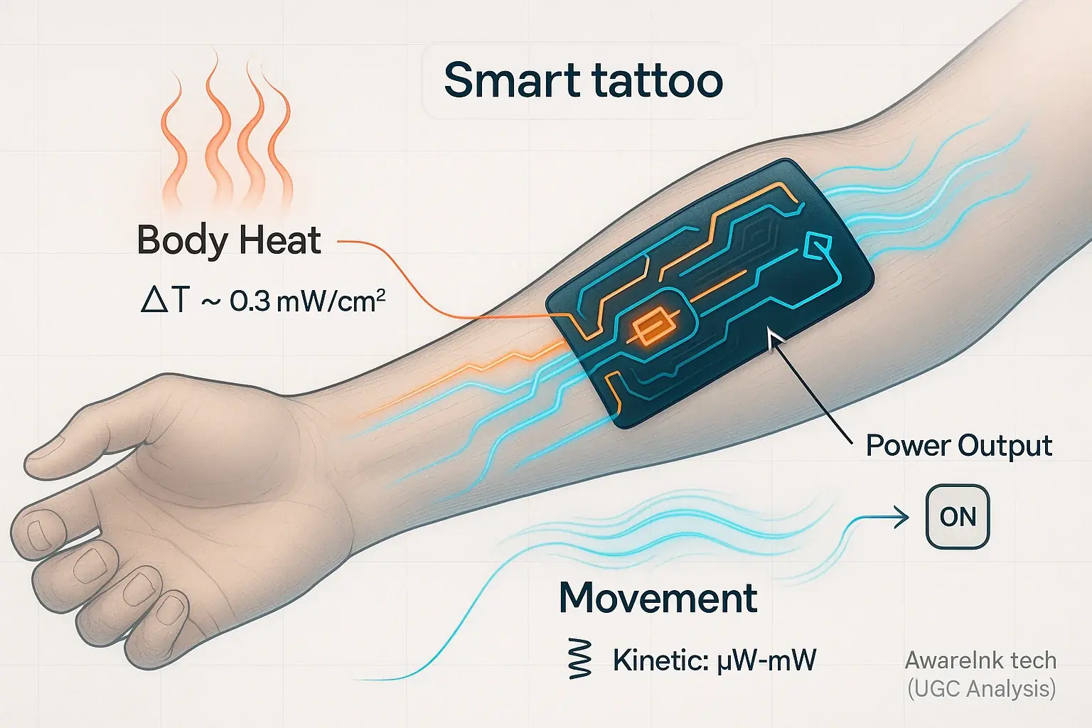 Stylized arm: smart tattoo converts body heat & movement (arrows in) to power output (indicator), via thermoelectric/kinetic
