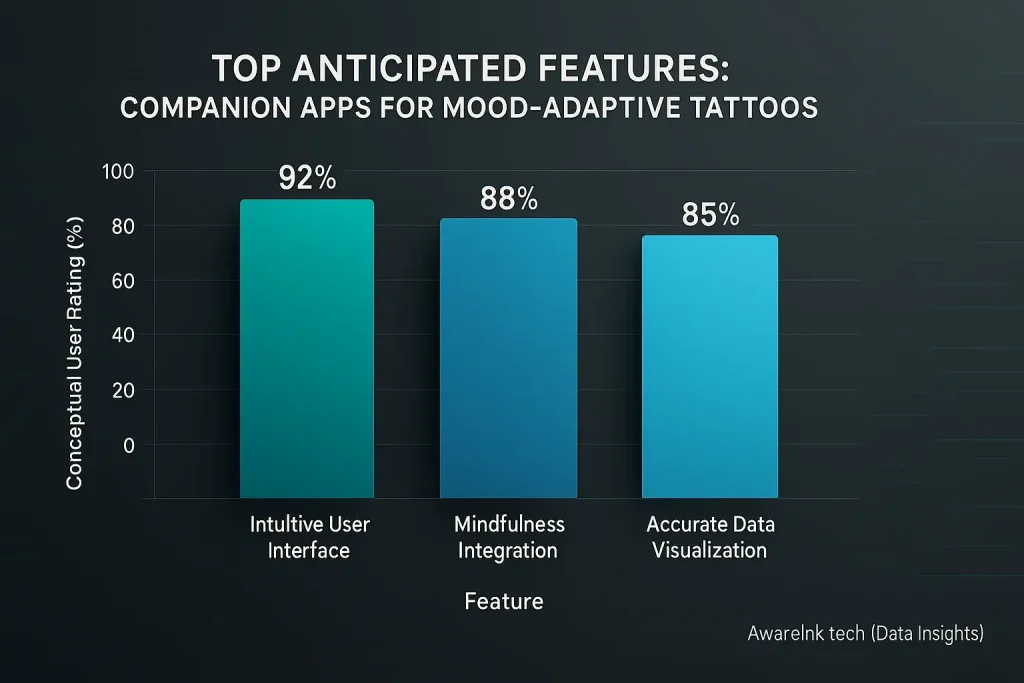 Bar chart: Top 3 anticipated user-rated features for mood apps: Intuitive UI, Accurate Data Viz, Mindfulness.