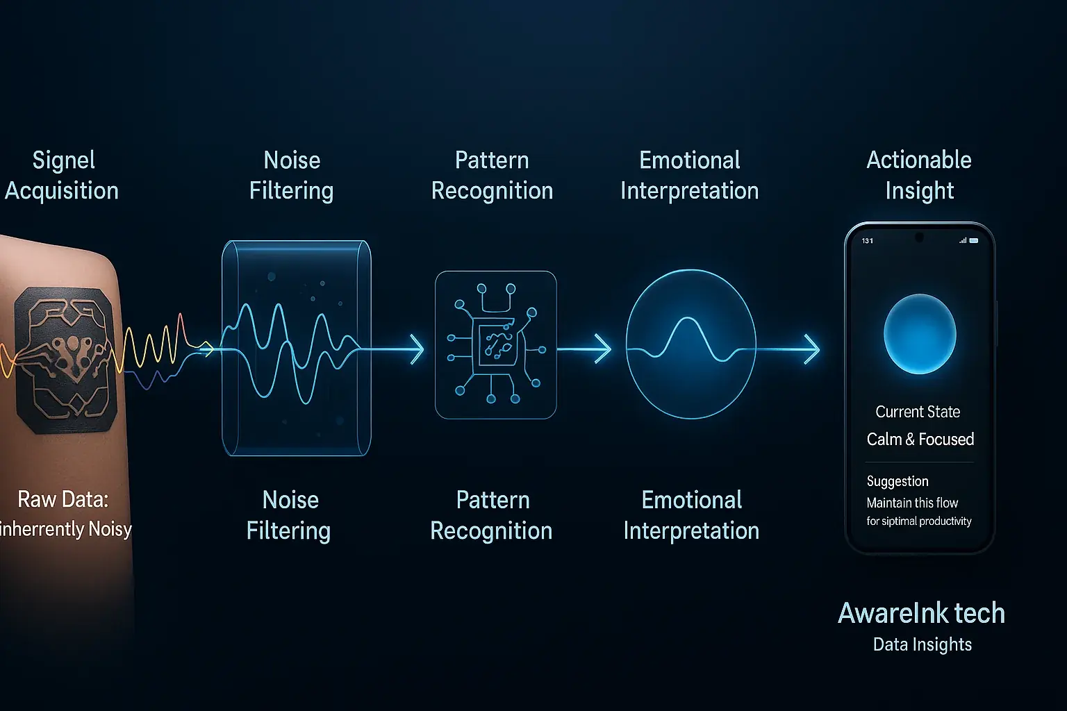 Infographic: Smart tattoo data flow from signal acquisition, filtering, pattern recognition to app-derived emotional