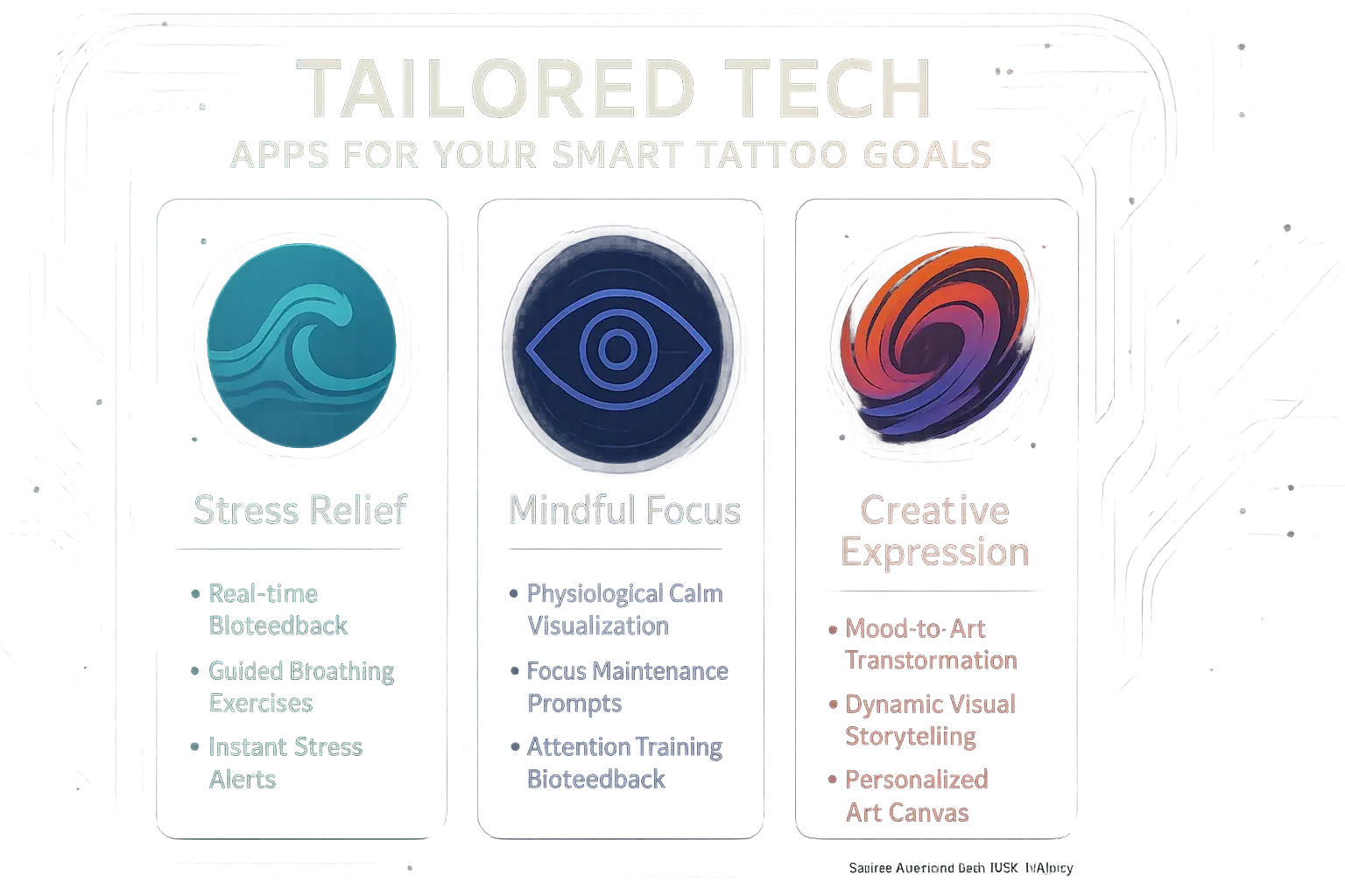 Infographic: Conceptual app icons (stress, mindfulness, creativity) with key features, showing tailored support for smart