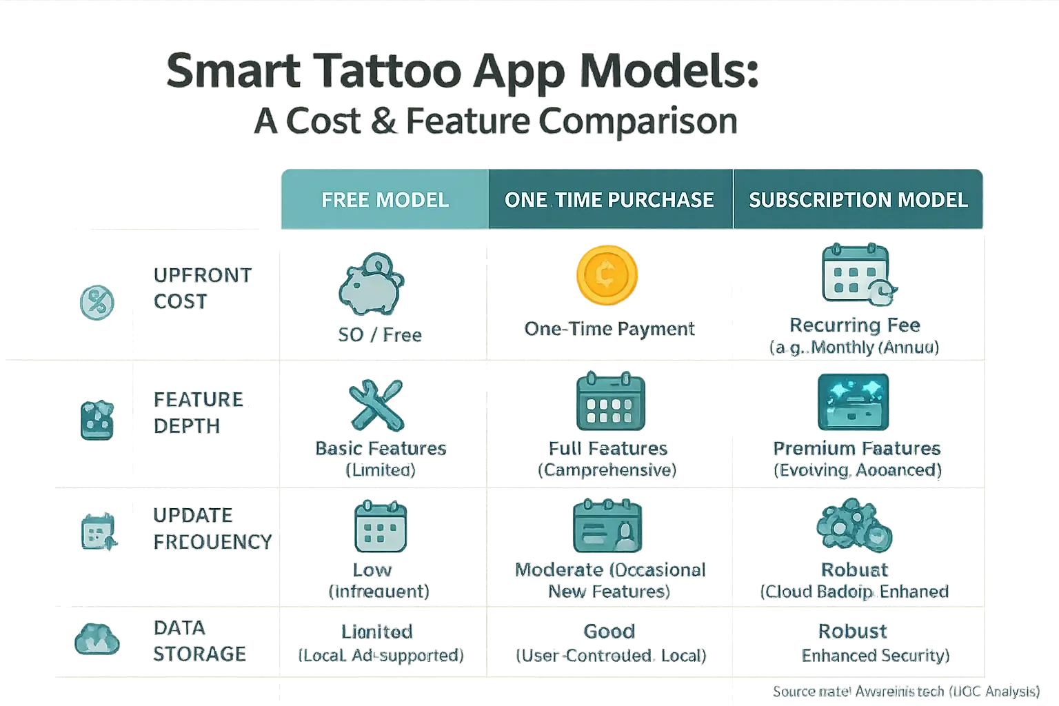 Comparing smart tattoo app models (Free, One-time Purchase, Subscription) on cost, feature depth, updates, data storage.