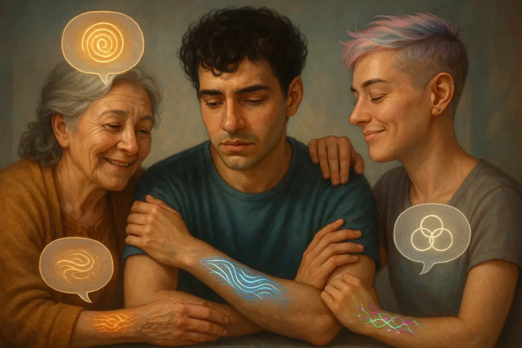 Diverse individuals with emotional skin patterns & speech bubbles, reflecting shared human stories & empathy.