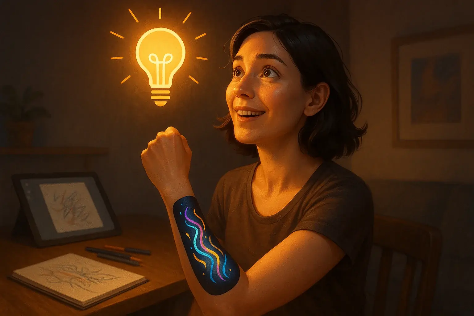 Person&#x27;s unexpected joyful realization, smart tattoo glows, highlighting surprising insights.