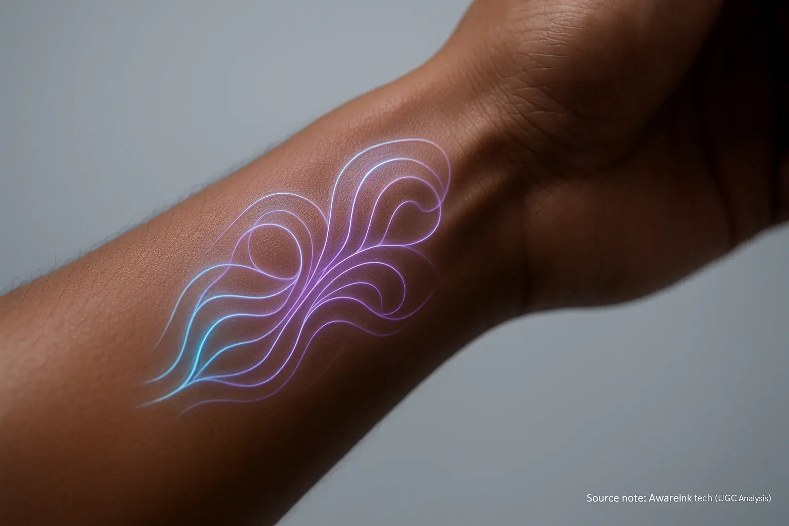 Sleek [Product 1 Name] mood tattoo on a diverse wrist, with a subtle, dynamic, seamlessly integrated pattern.