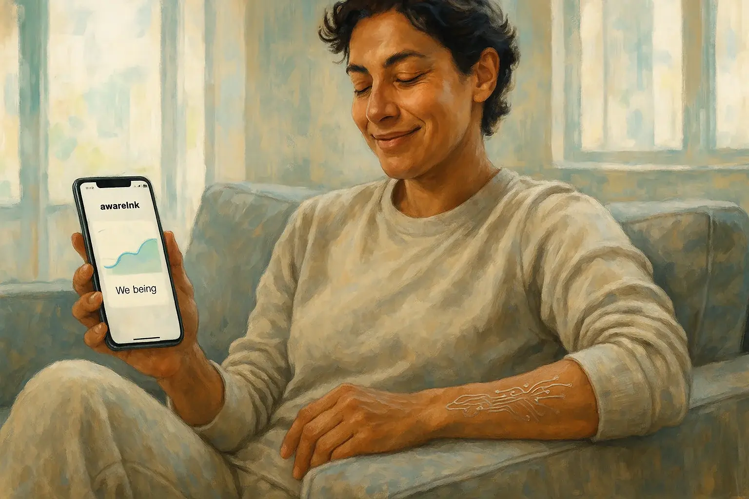 Diverse user comfortably and seamlessly integrates [Product 1 Name] smart tattoo into daily life (work, exercise).