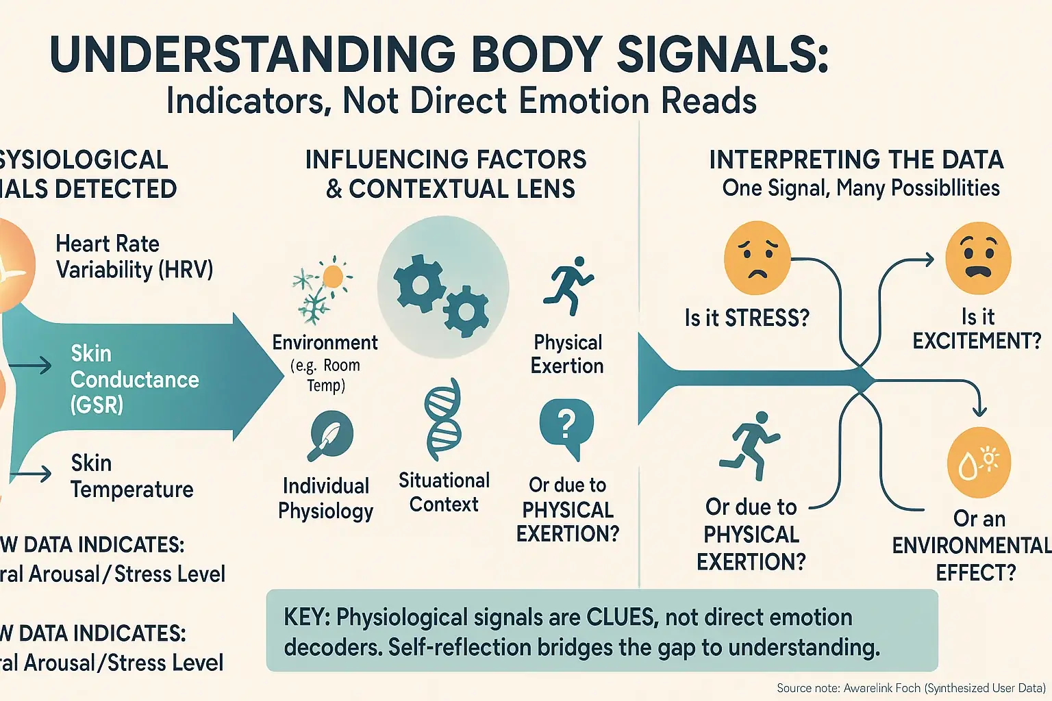 Infographic: Signals (heart rate) indicate emotions, not direct mood reads; factors affecting accuracy shown.