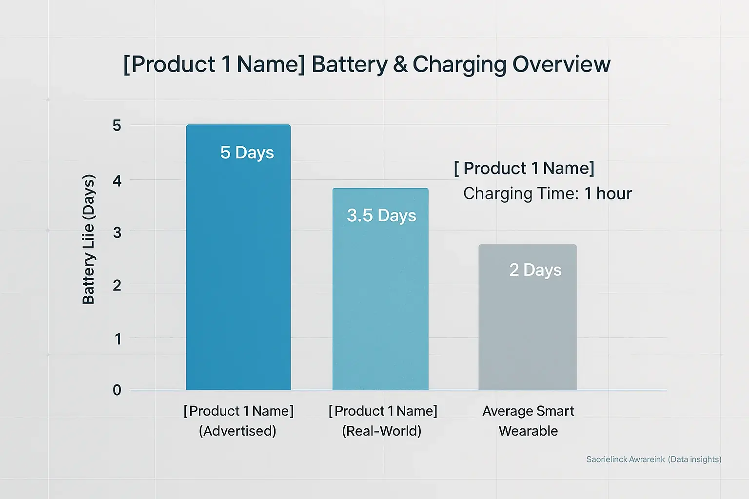 Bar chart: [Product 1 Name]&#x27;s battery (advertised vs. real-world) and charging time vs. average wearable.