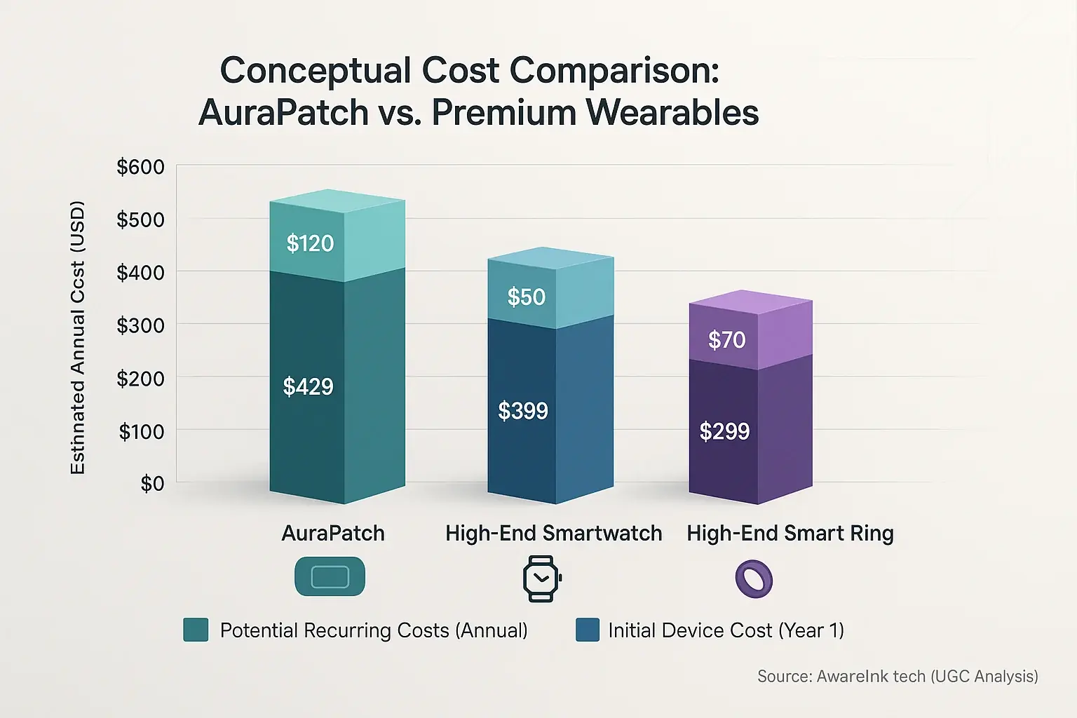 Bar chart: [Product 1 Name] vs. smartwatch &amp; ring, comparing total ownership cost (initial + recurring expenses).