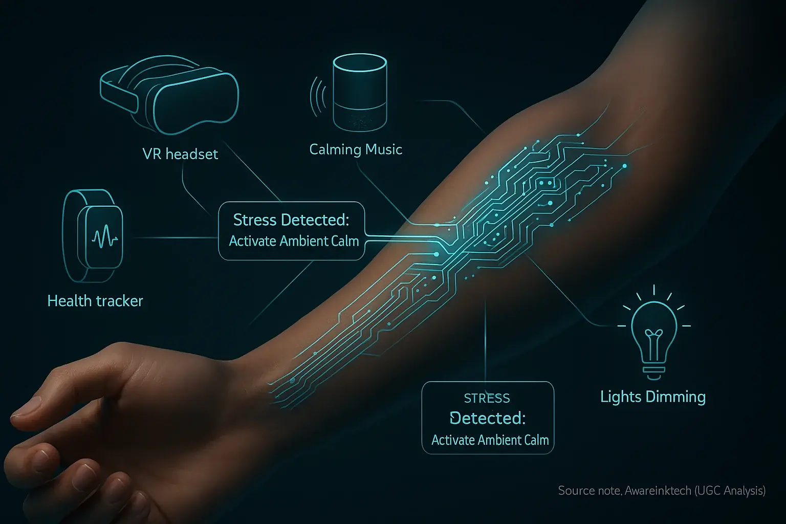 Smart tattoo on human body as a tech hub, seamlessly connecting and controlling VR, speaker, tracker, and lights.