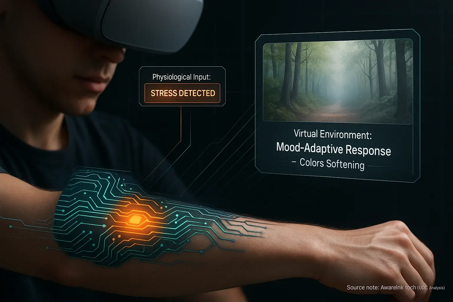 VR user&#x27;s smart tattoo, connected to virtual elements, controls virtual scenery based on mood for mind-adaptation.