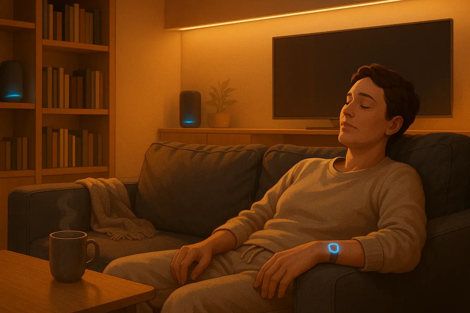 Smart tattoo on wrist fine-tunes a cozy living room&#x27;s lighting and music, creating a personalized, relaxing ambiance.