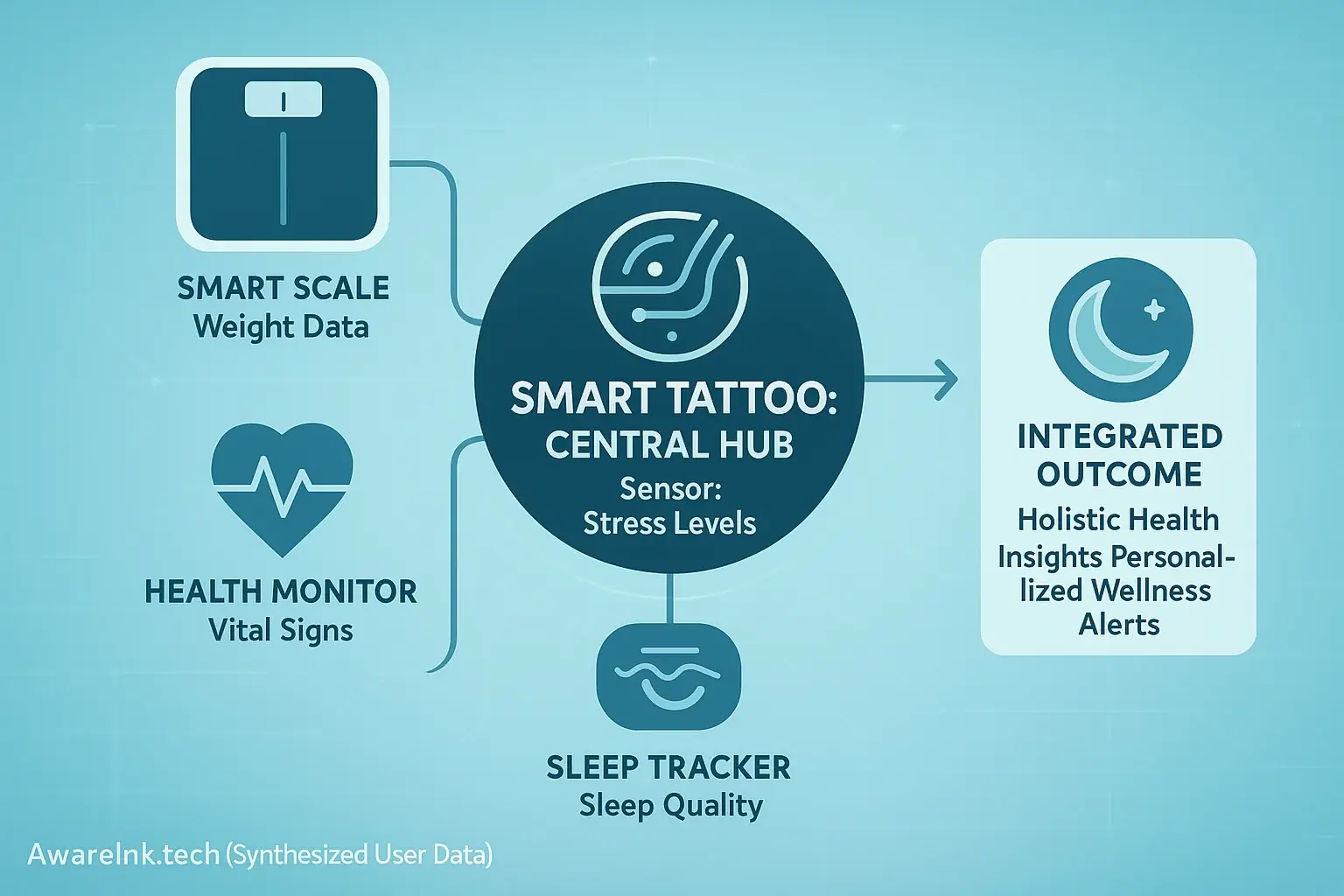 Infographic: Smart tattoo as central node connects to IoT health devices (scales, trackers) for holistic health data.