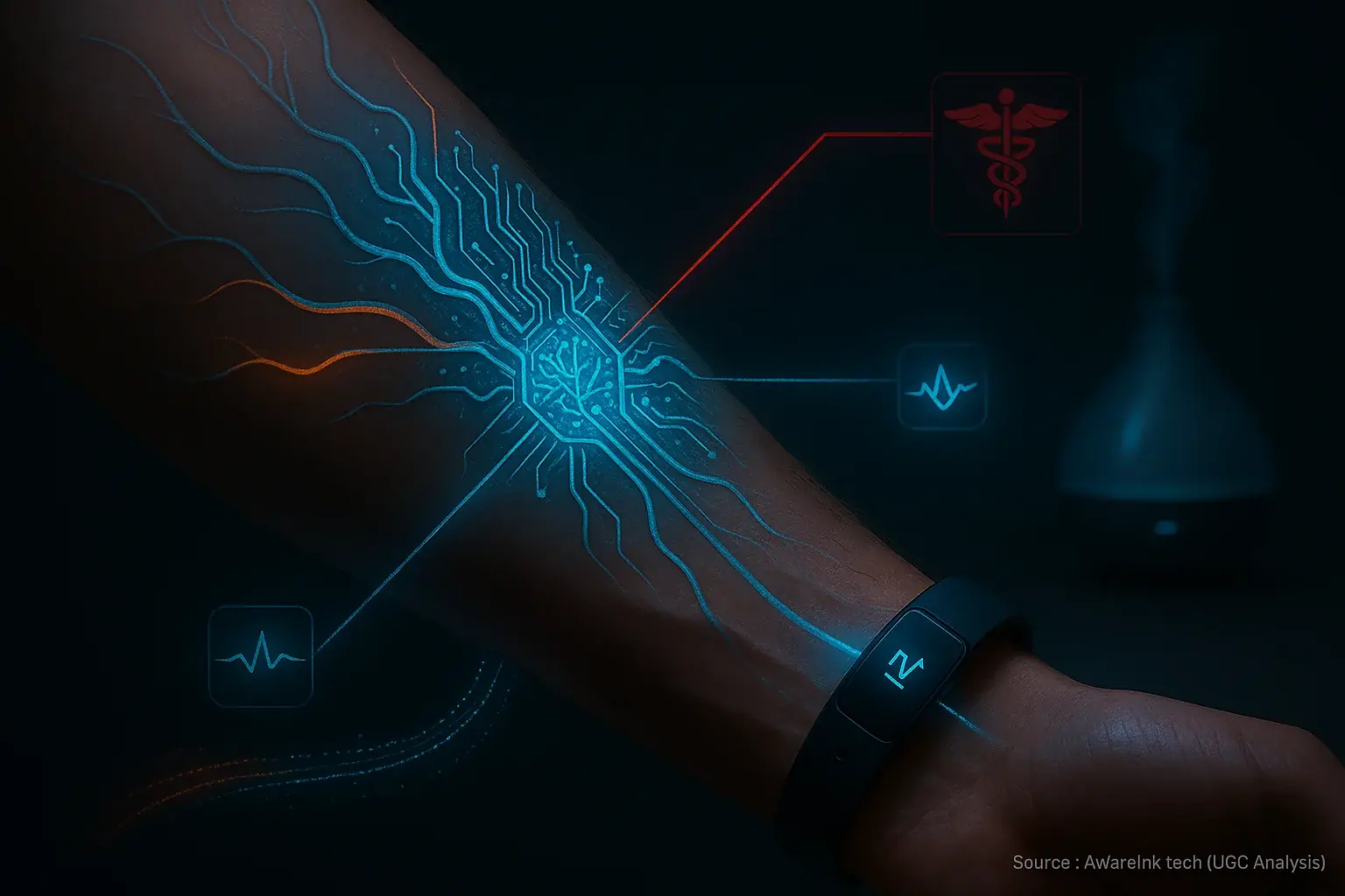 Smart tattoo as IoB edge device, linking person&#x27;s biosensors, wearables &amp; smart environment to a vast personal data network.