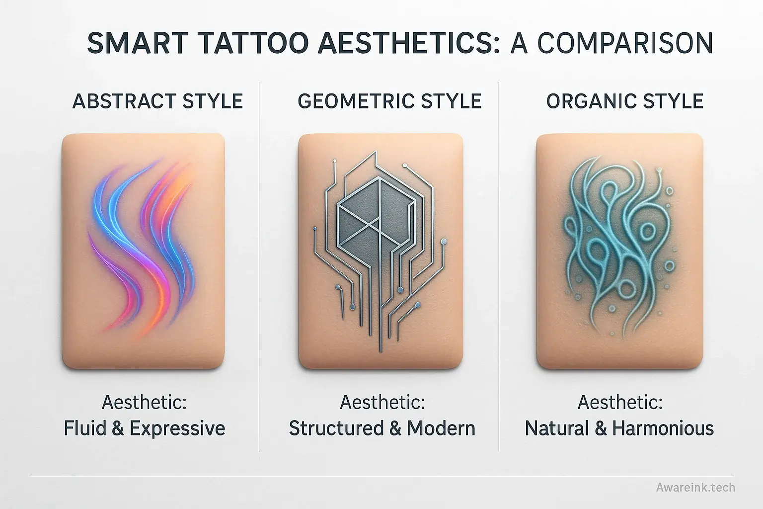 Infographic: Abstract, geometric, &amp; organic smart tattoo styles compared with examples, showing aesthetic differences.