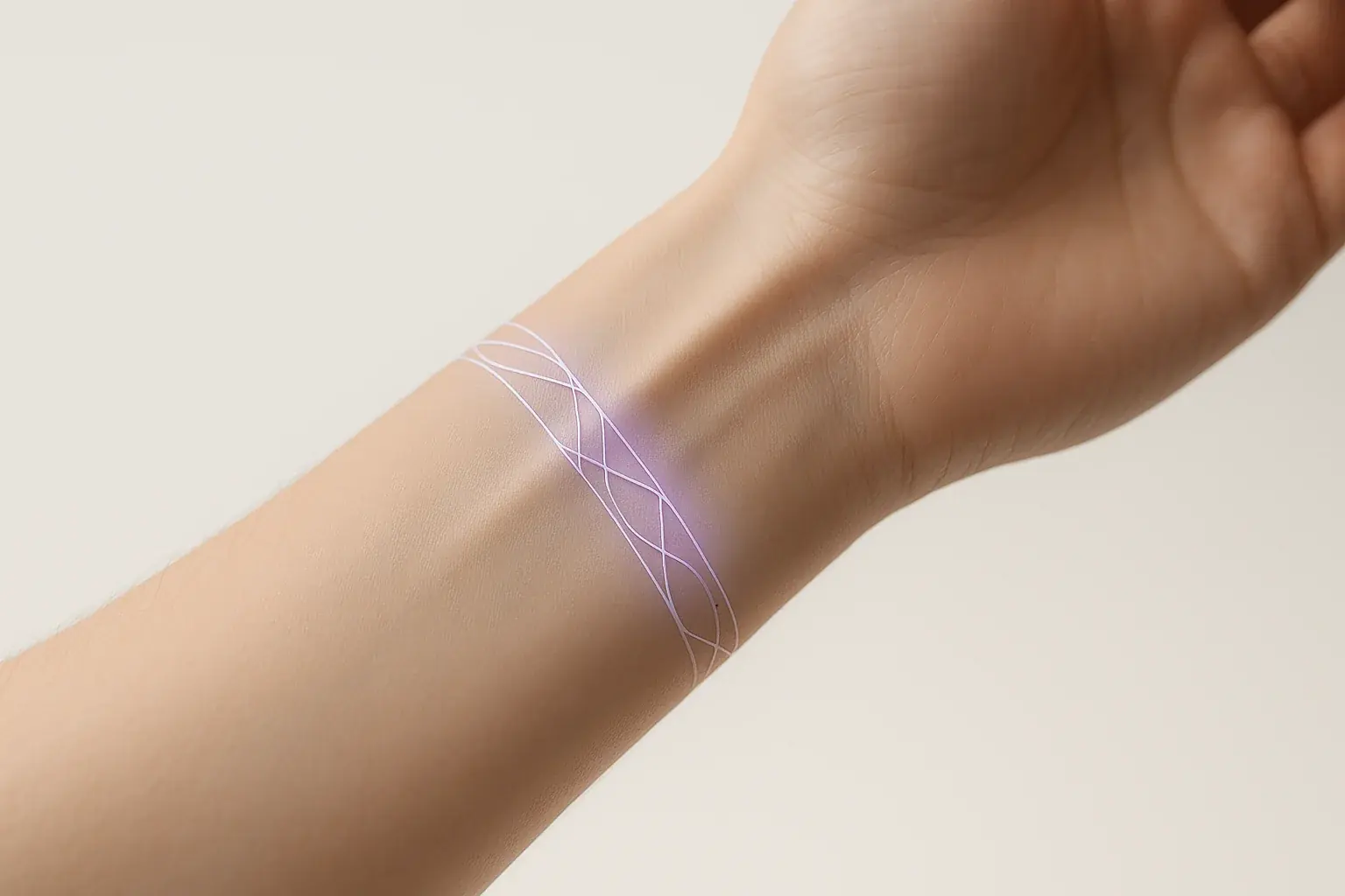 Conceptual smart mood tattoo on wrist: minimalist, elegant lines, subtle skin-blending color shifts.