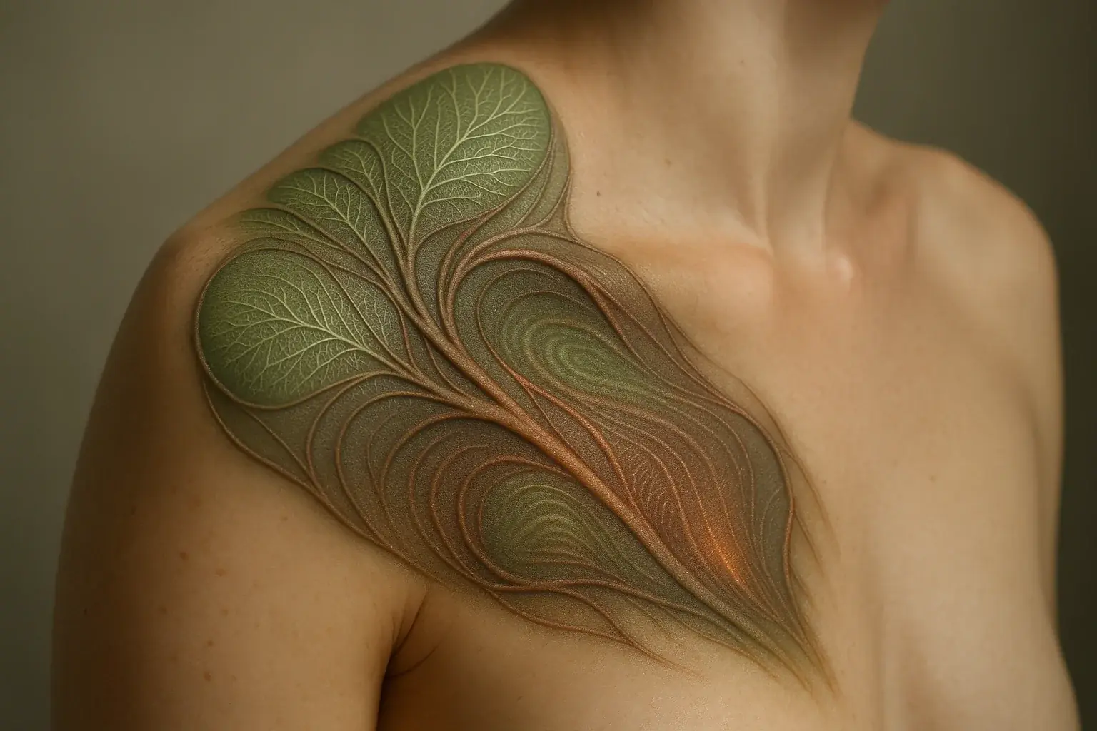 Conceptual mood tattoo: shoulder with nature-inspired, biomimetic design; fluid, organic forms in earthy tones.