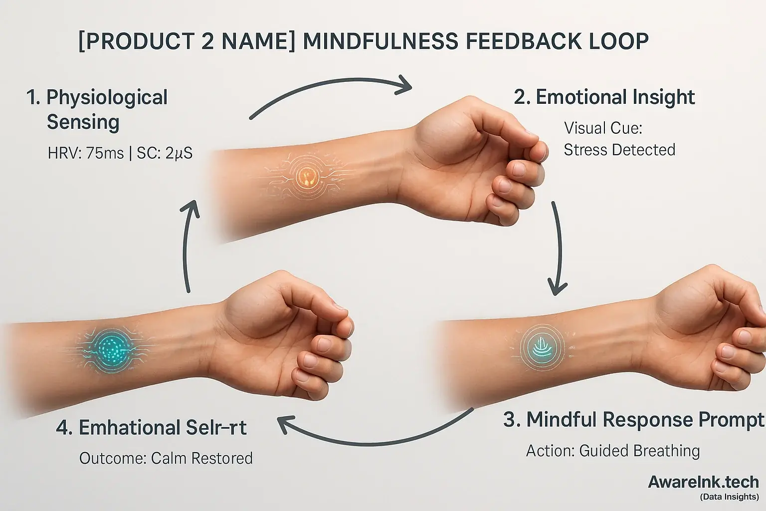 Infographic: [Product 2 Name]&#x27;s conceptual loop for mindfulness—physiological feedback, emotional recognition, mindful