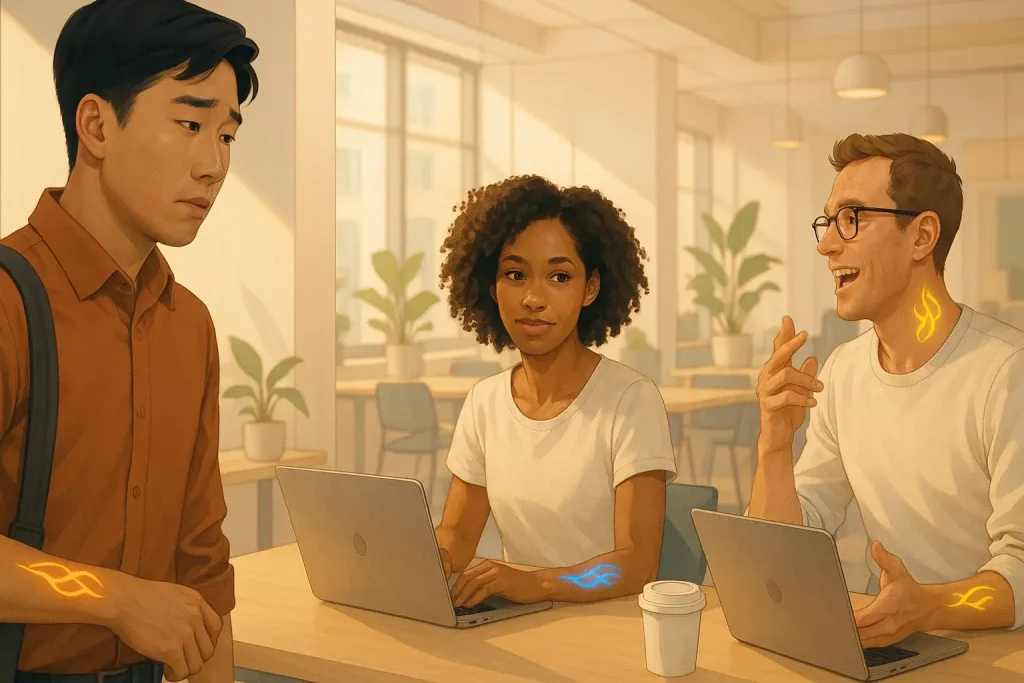 Diverse people interacting, their mood tattoos glowing blue (calm), yellow (excited), or red (stressed), making emotions