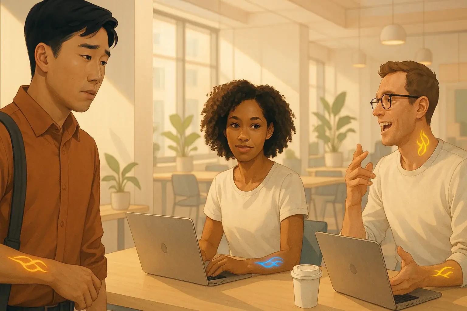 Diverse people interacting, their mood tattoos glowing blue (calm), yellow (excited), or red (stressed), making emotions