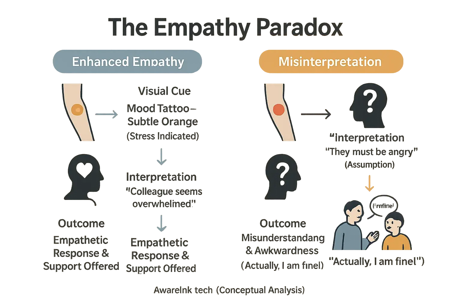 Infographic: Mood tattoo Empathy Paradox. Arrows show paths to empathy (understanding) or misinterpretation (assumption).