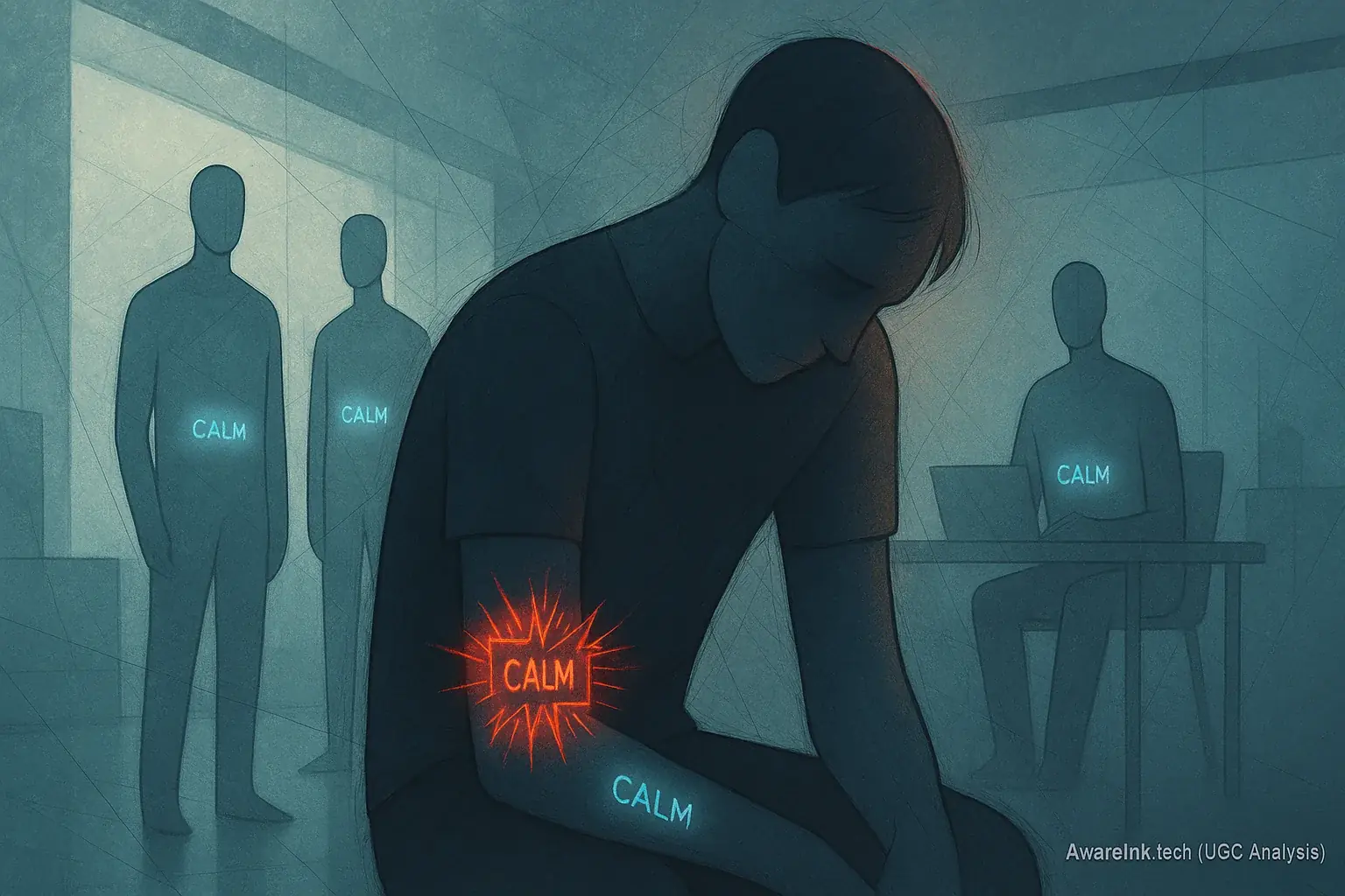 Stylized figures: one's mood tattoo reveals authentic feeling, clashing with group's expected mood and social pressure.