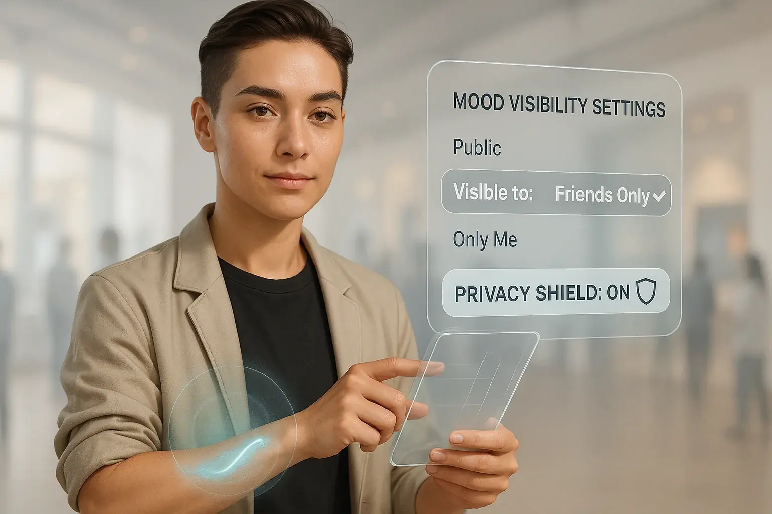 Individual confidently sets social boundaries, mood tattoo protected by a privacy shield, showing agency.