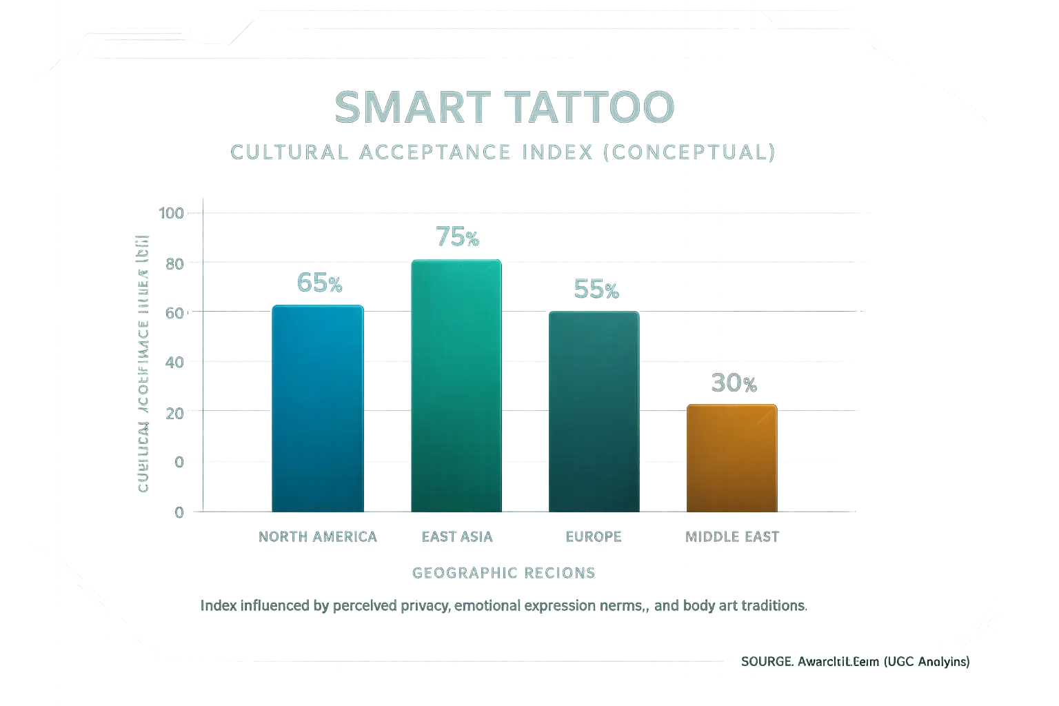 Bar chart comparing conceptual smart tattoo acceptance by region, based on privacy, expression, and tradition.