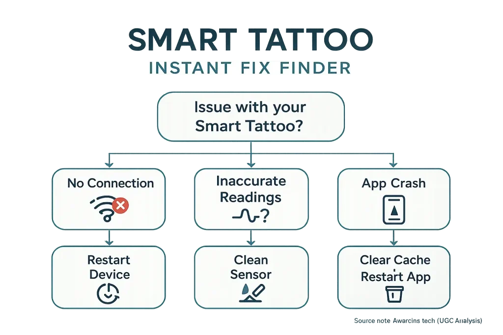Troubleshooting flowchart for smart tattoos: solves connection, reading, & app issues with restart, sensor clean, cache