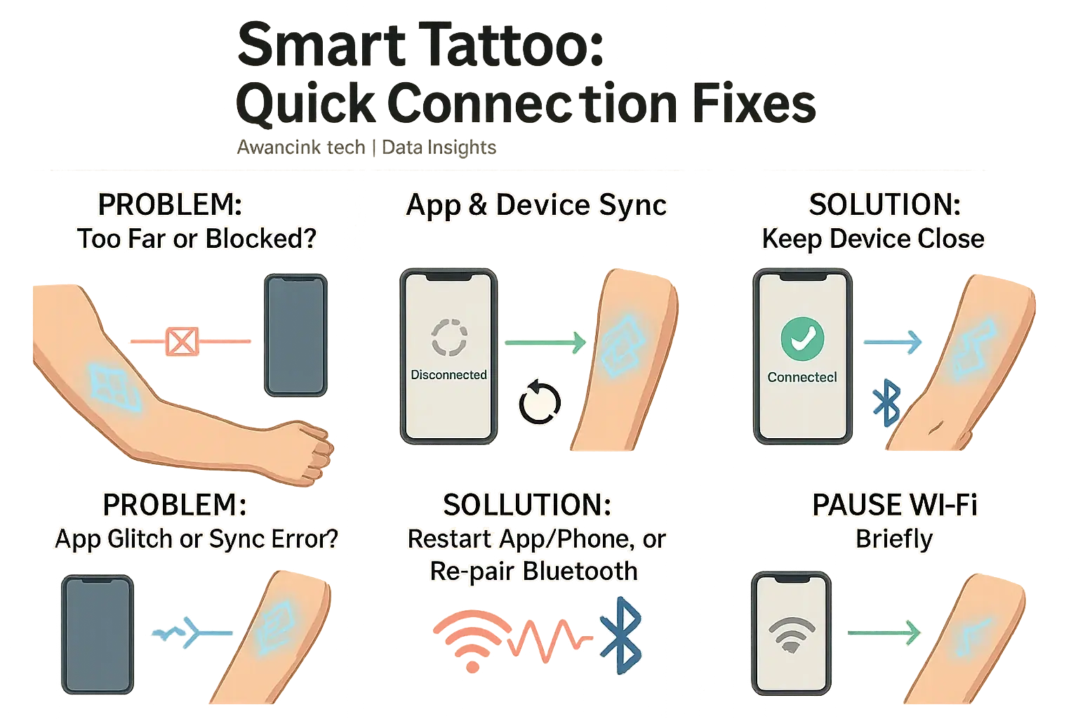 Infographic: Common smart tattoo connectivity issues (distance, obstructions, interference) & simple visual solutions.