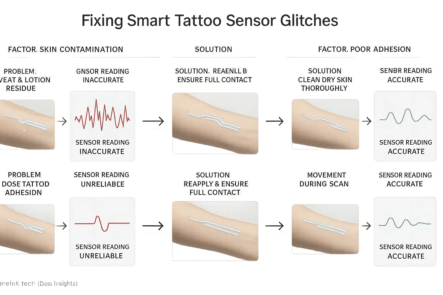 Infographic: Smart tattoo sensor accuracy issues (sweat, movement) & visual solutions (clean skin, reapply).