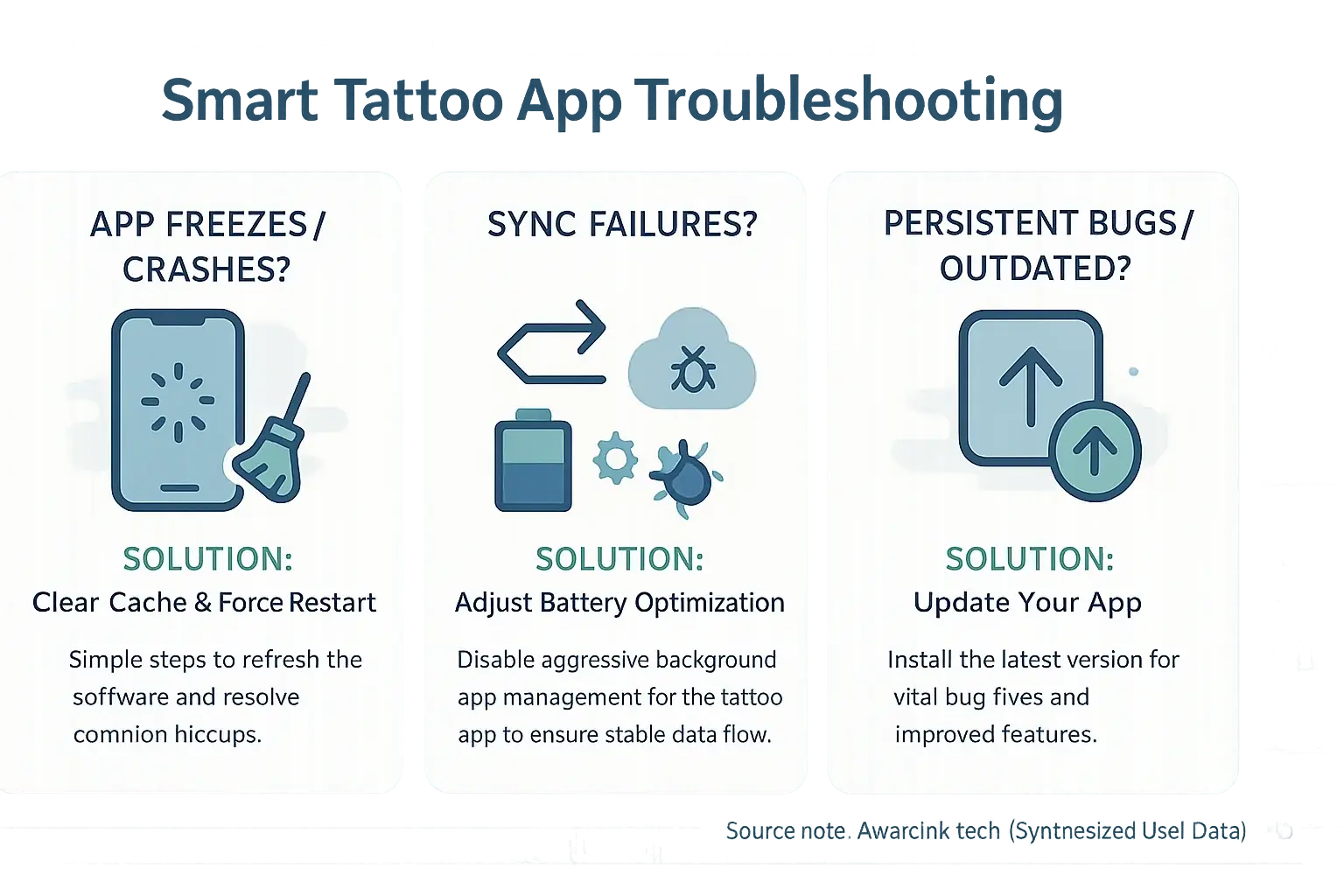 Infographic: Common smart tattoo app glitches (freezing, no sync) & their solutions (clear cache, update app).