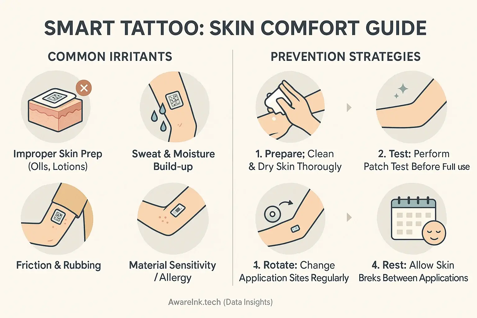 Smart tattoo skin irritation: causes (sweat, friction, allergies) and visual tips for prevention (cleaning, site rotation).