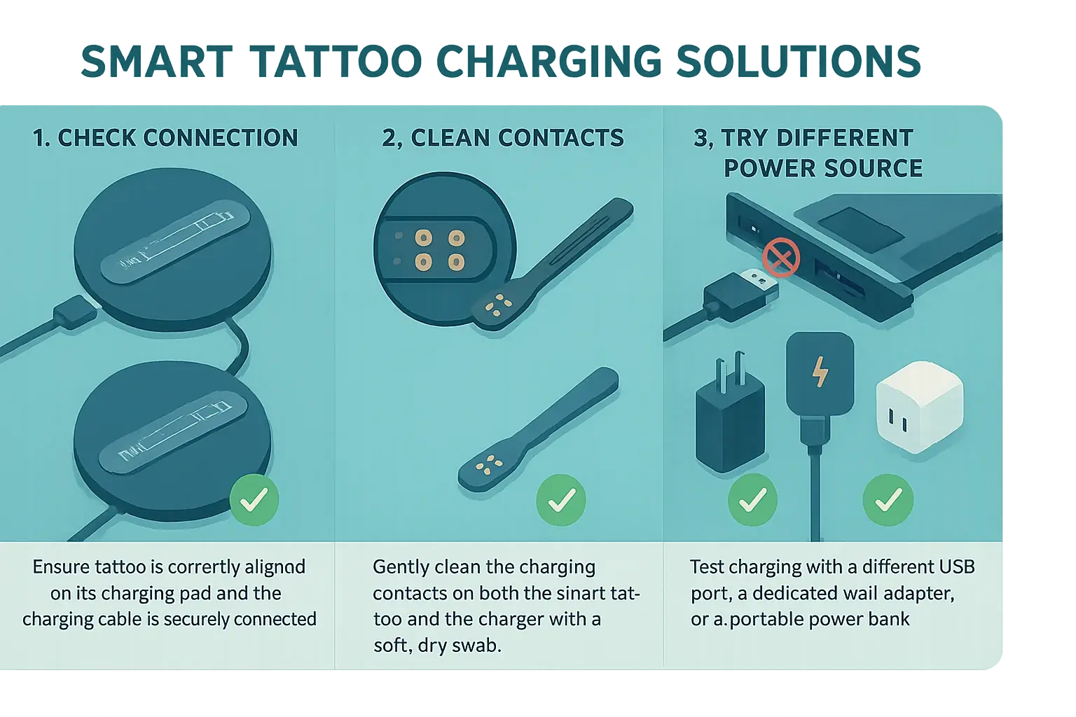 Infographic: Smart tattoo battery troubleshooting for slow/no charge with visual fixes: cable check, clean, new source.