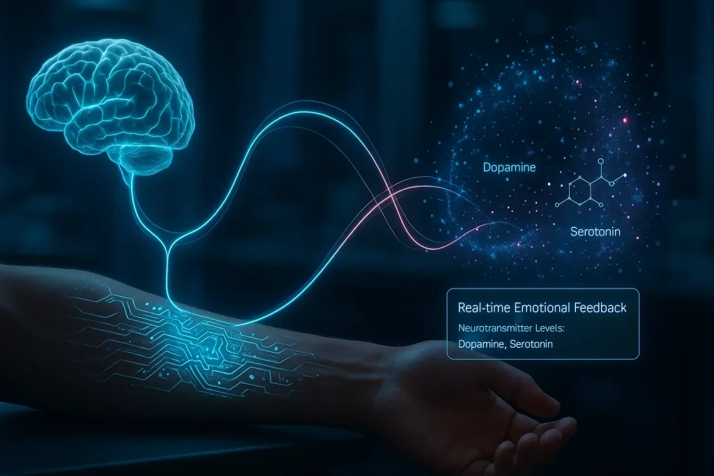 Brain, smart tattoo, data linked by glowing lines in a lab, showing the importance of innovative future research.