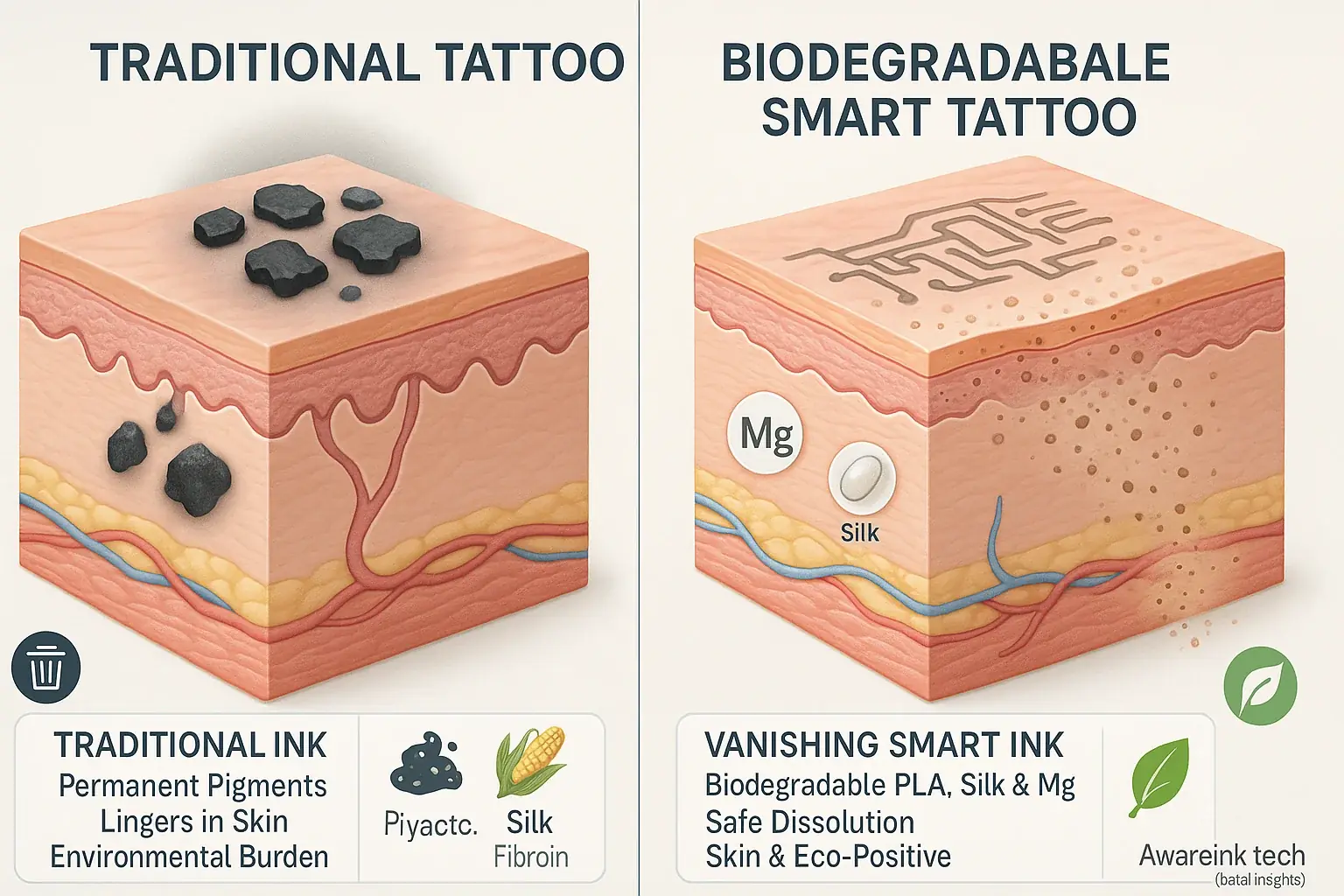 Infographic: Biodegradable smart tattoos offer safer skin interaction, harmless dissolution &amp; eco-benefits vs. traditional.