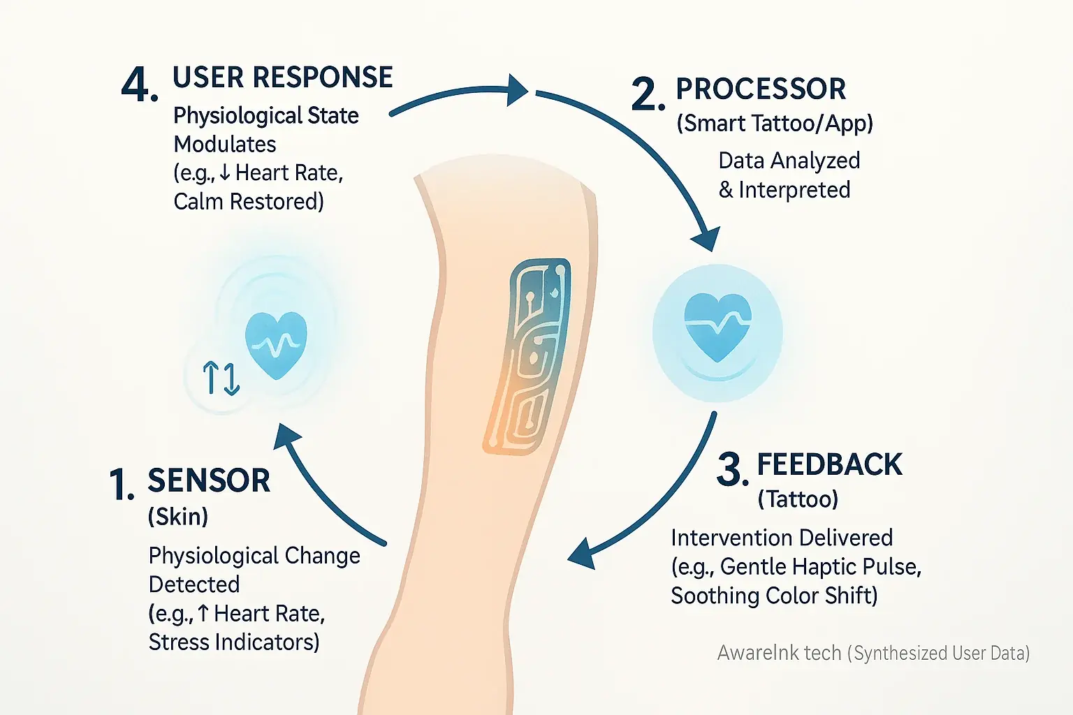 Diagram of smart tattoo's closed-loop biofeedback: sensor to processor, to haptic/visual feedback, altering user physiology.