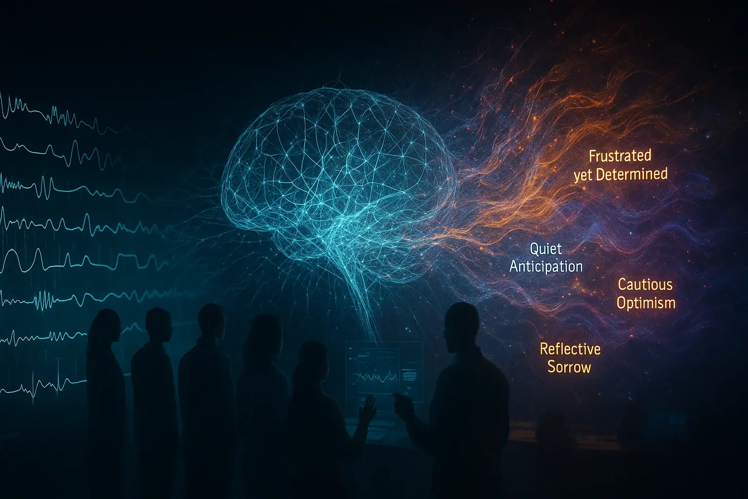 Abstract neural networks transforming raw signals into nuanced emotional spectrums, showing The Feeling Algorithm's data
