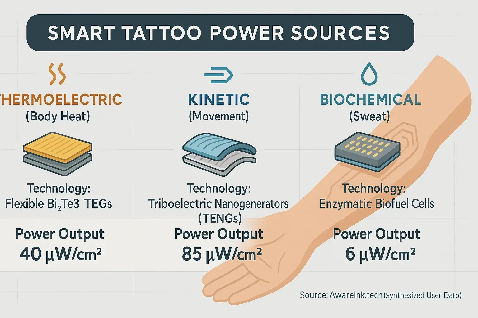 Infographic: Methods for smart tattoo energy harvesting include thermoelectric (heat), kinetic (motion), and biochemical