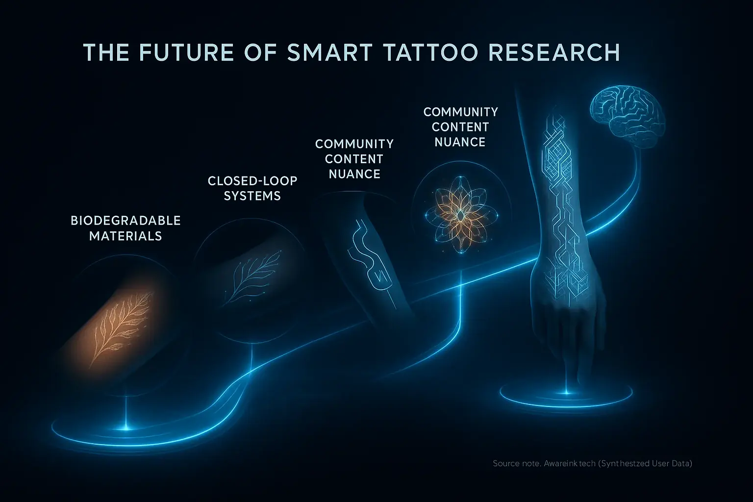 Futuristic smart tattoo roadmap: biodegradable materials, closed-loop systems, nuanced analytics, and neural integration.