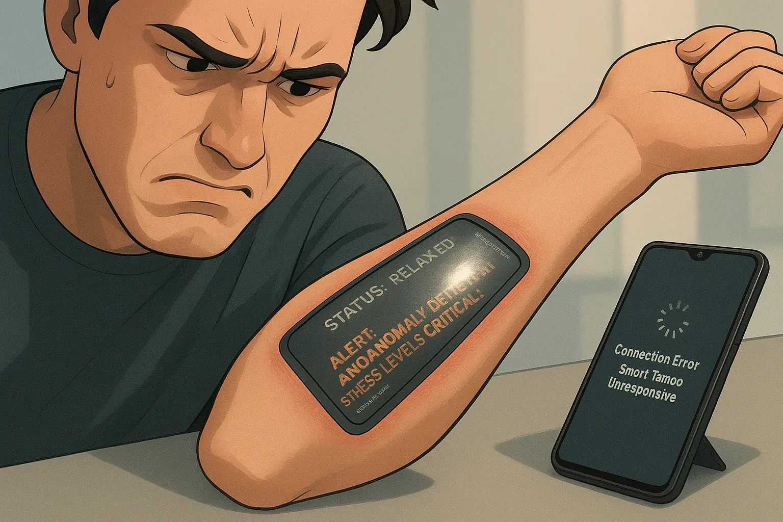 Person frustrated by smart tattoo's subtle glitches (rash, flicker), highlighting unforeseen trial usability issues.
