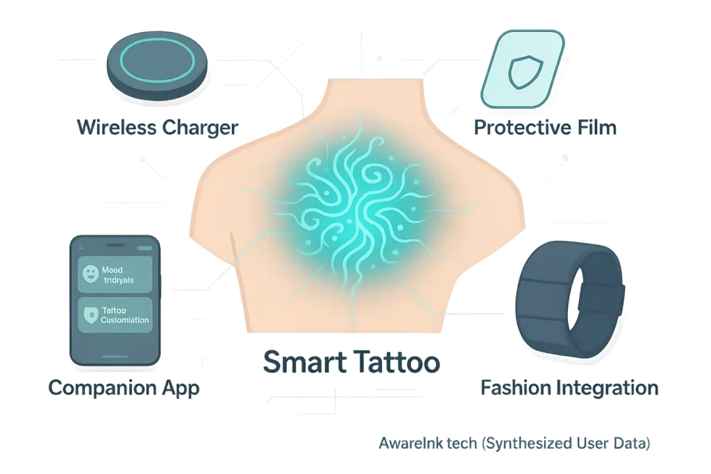 Smart tattoo ecosystem infographic: central tattoo connects to charger, app, film, fashion, enhancing user experience.