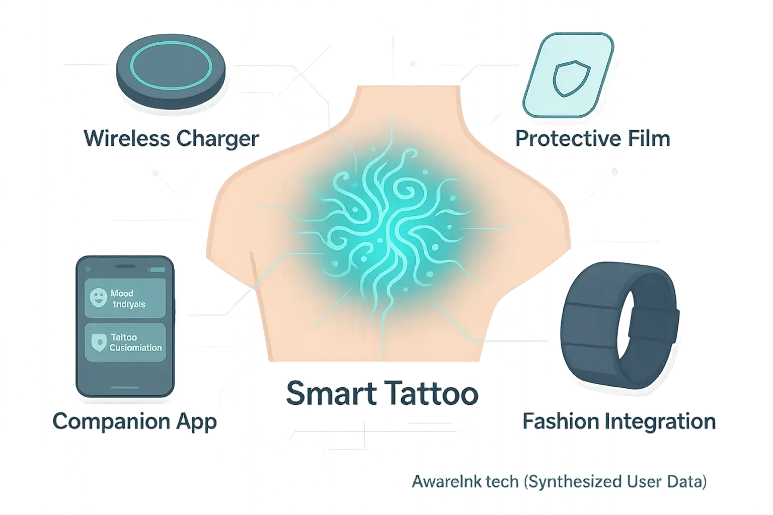 Smart tattoo ecosystem infographic: central tattoo connects to charger, app, film, fashion, enhancing user experience.