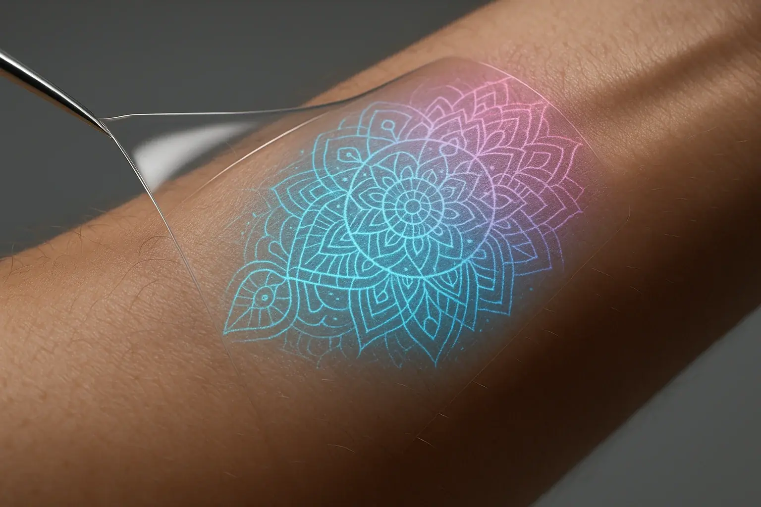 Transparent protective film partly covers a mood-adaptive smart tattoo, blending subtly with skin for protection.