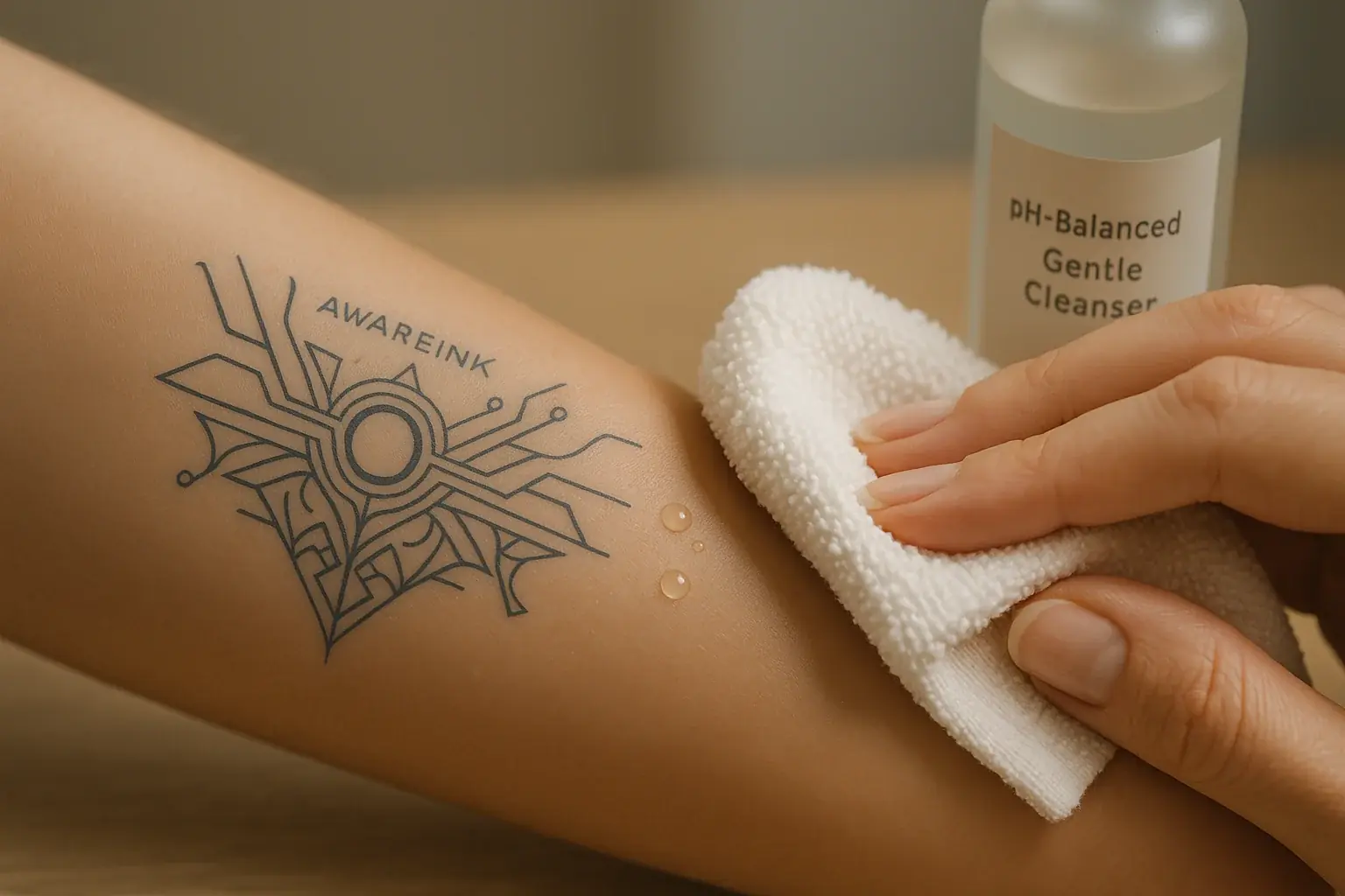 Hand gently cleanses smart tattoo with soft cloth, promoting skin harmony.