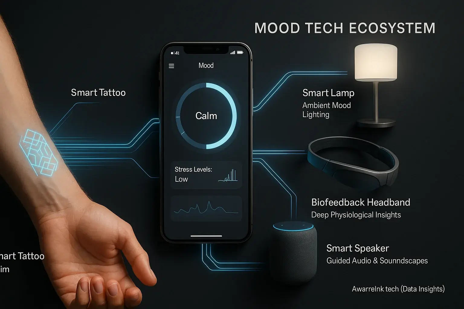 Smart tattoo, app, and app-enhancing accessories (lamp, headband, speaker) seamlessly integrating to form a mood tech