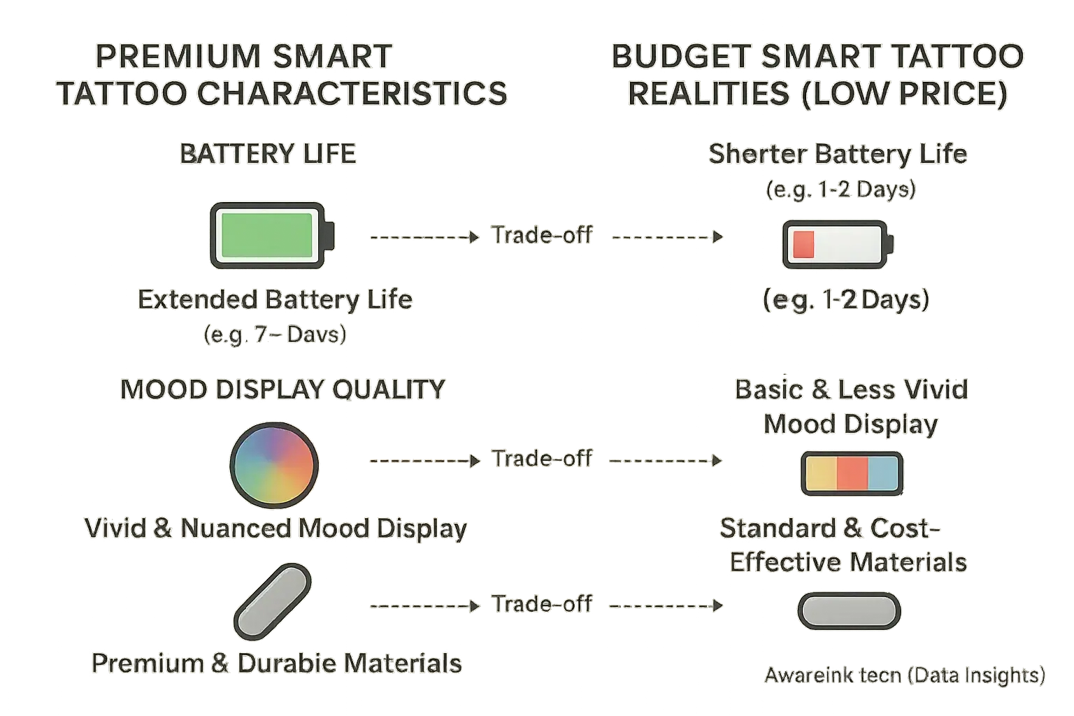 Infographic scale: Budget smart tattoos mean compromised advanced display, battery, and materials for low price.