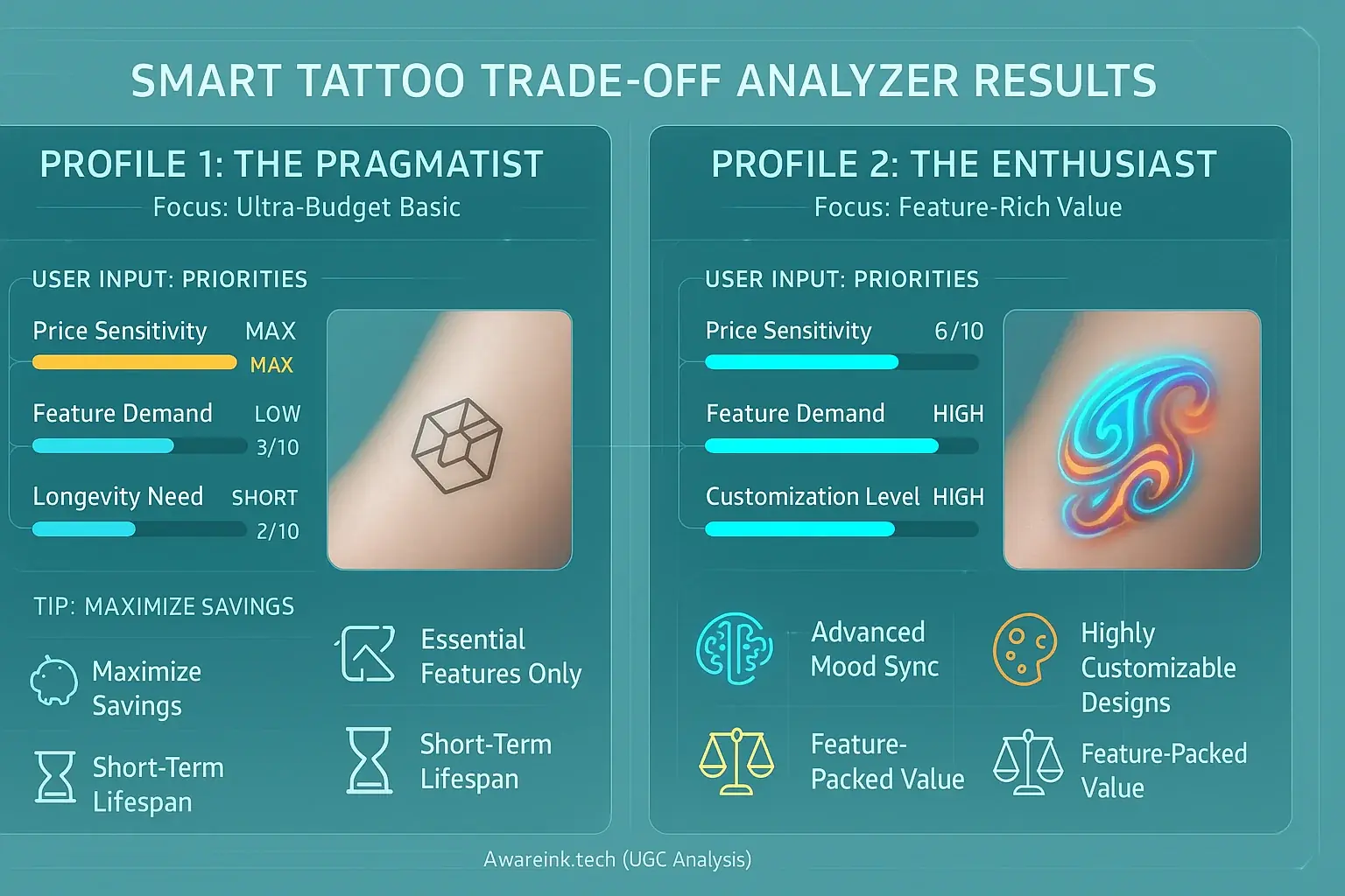 Infographic: Tattoo trade-off simulator output. Shows how user priorities (price, features) shape budget profiles &amp; tips.