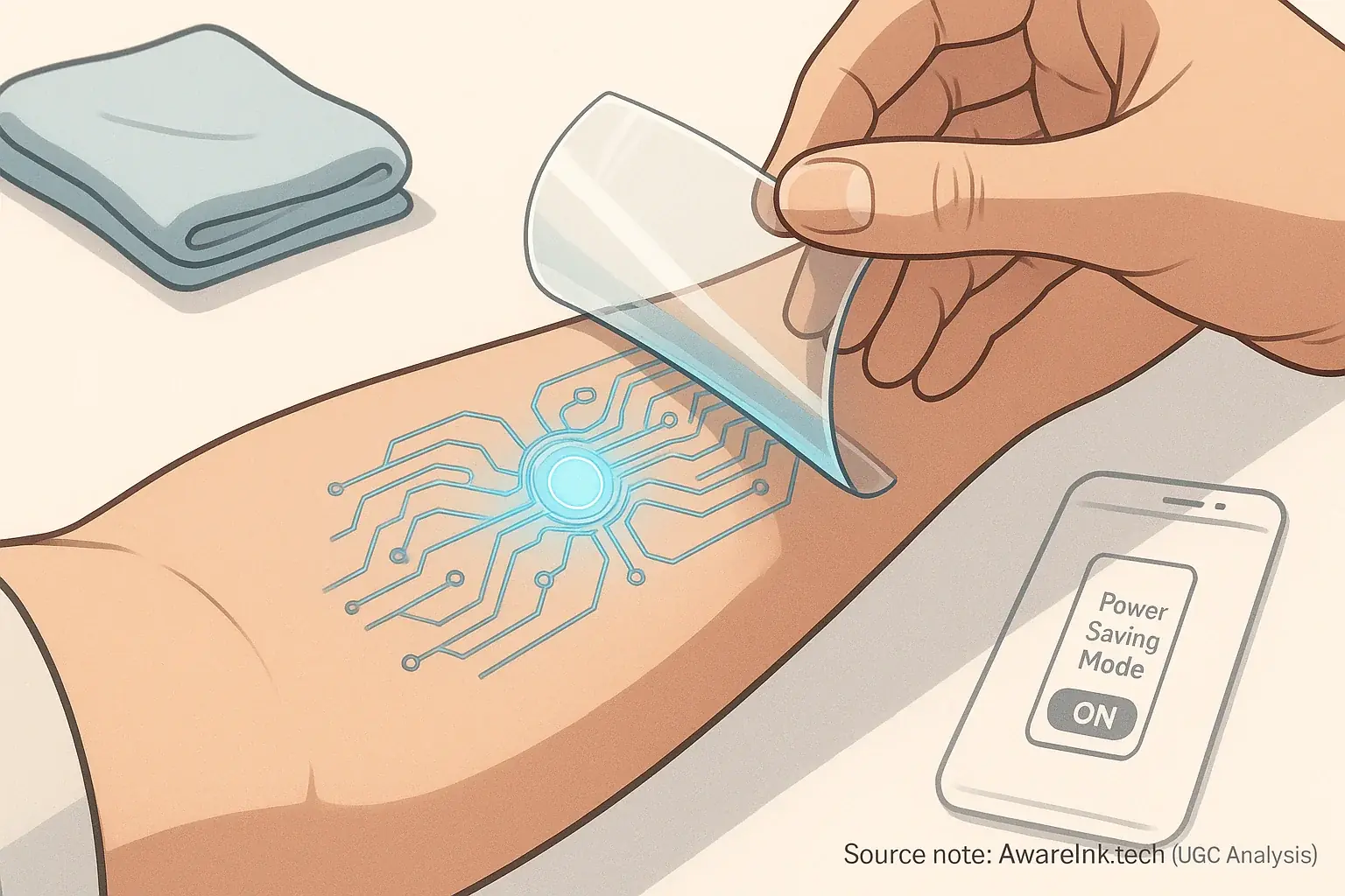 Hand gently applies protective film to smart tattoo, its glow signaling extended life and smart savings.