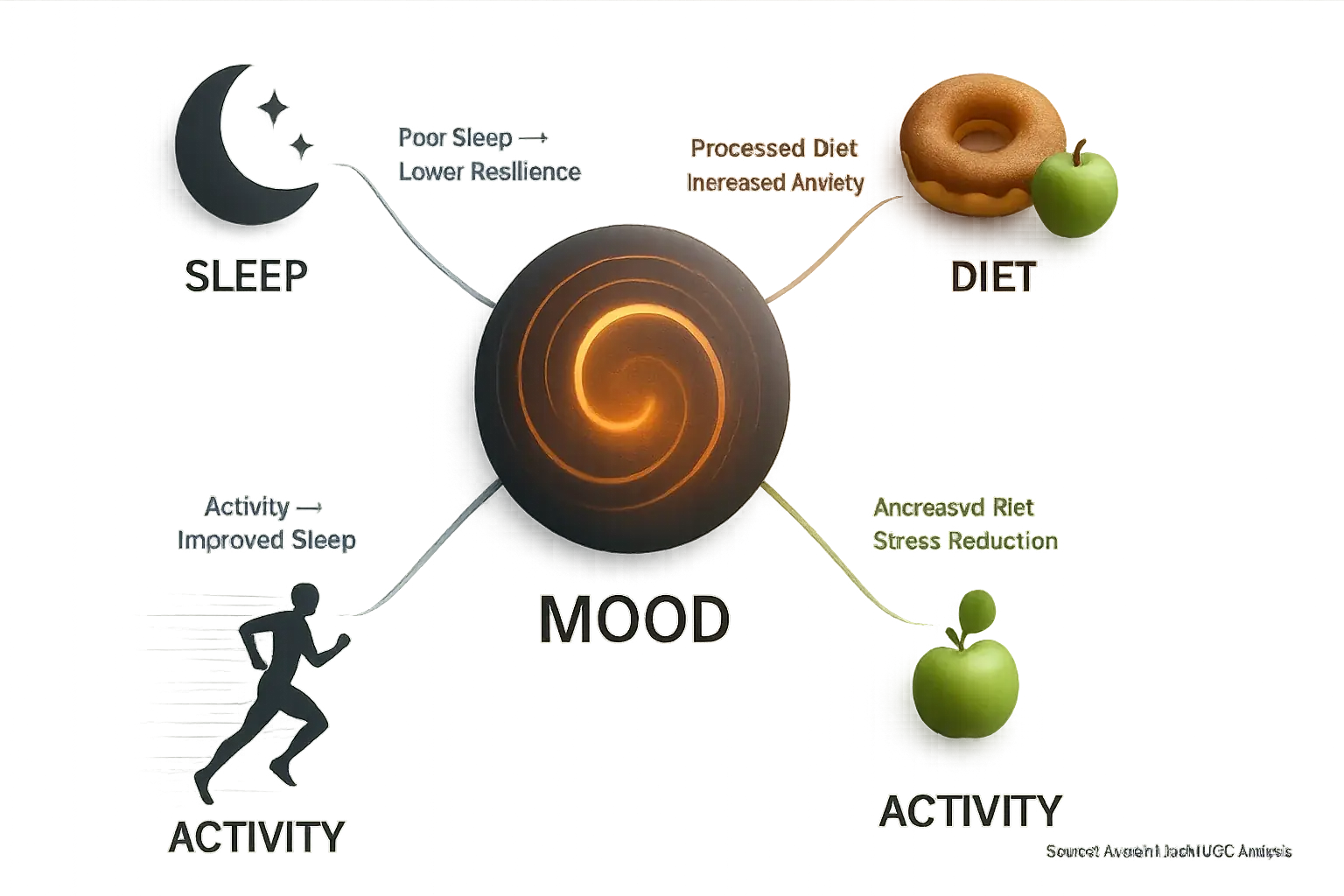 Infographic: Data lines link central mood icon to sleep, diet, & activity, showing their correlations & mutual impact.